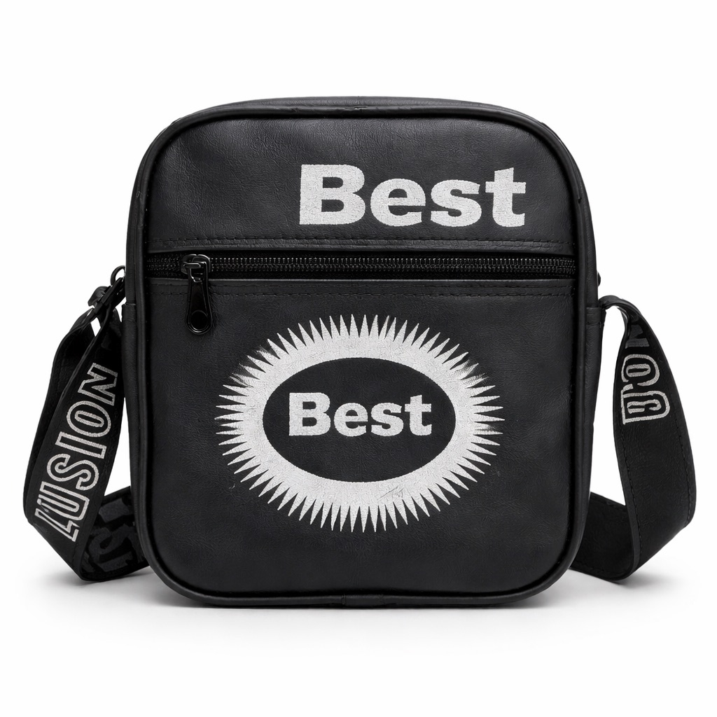 Black Compact Crossbody Bag with Graphic Print and Adjustable Strap