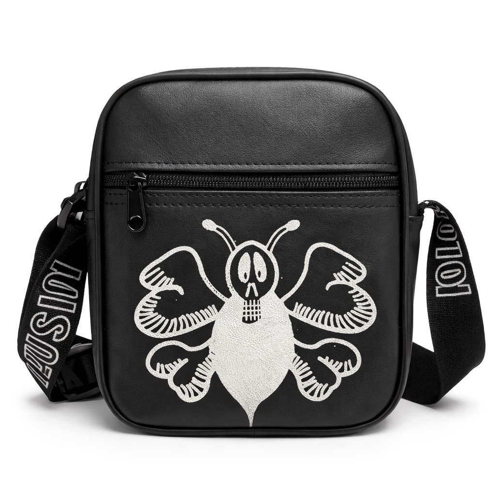 Black Compact Crossbody Bag with Graphic Artwork and  Adjustable Strap