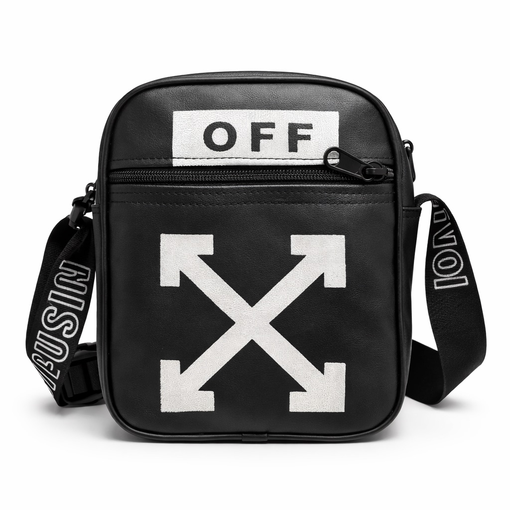 Black Compact Crossbody Bag with Arrow Graphic and Adjustable Strap
