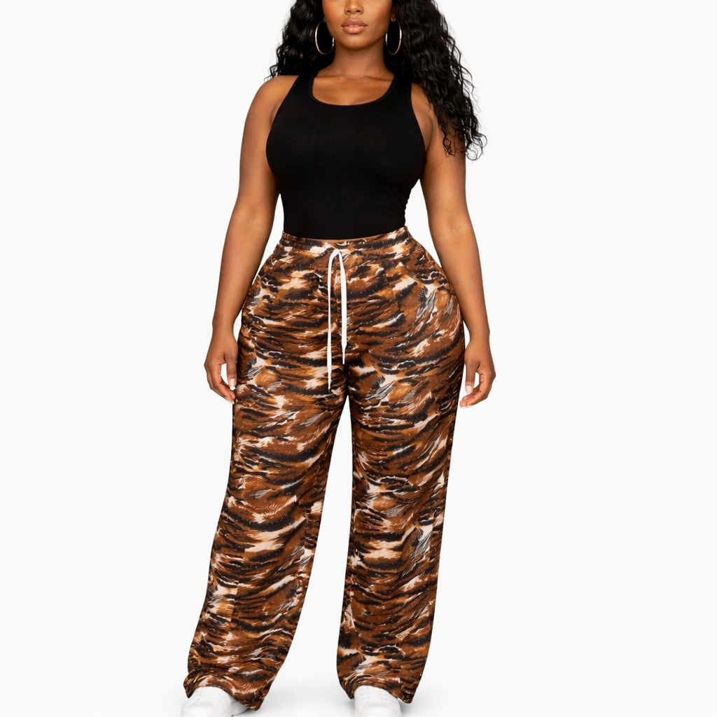 Animal Print Pants Drawstring Waist Casual Women Trousers