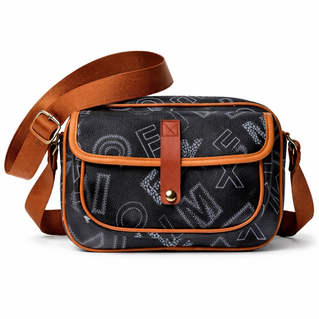 Black and Brown Patterned Flap Crossbody Bag
