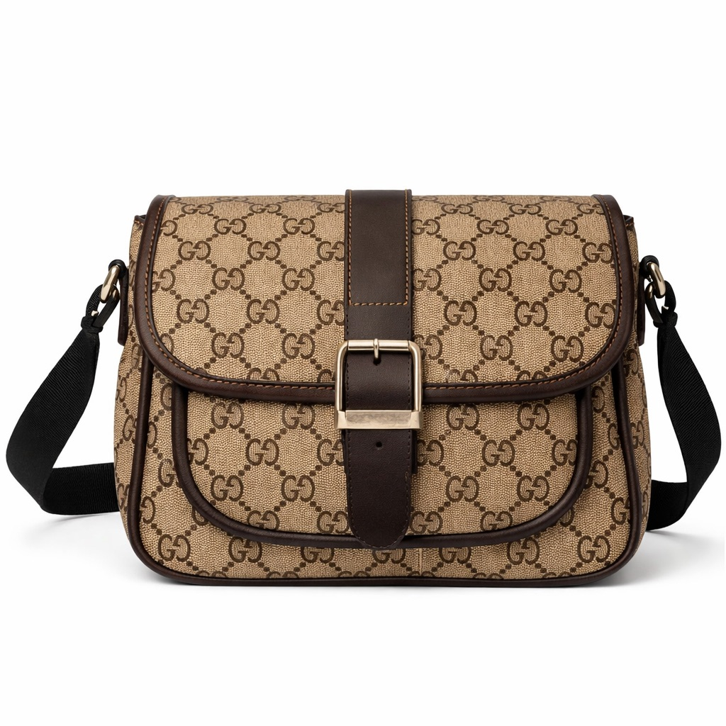 Beige and Brown Monogram Buckle Flap Crossbody Bag