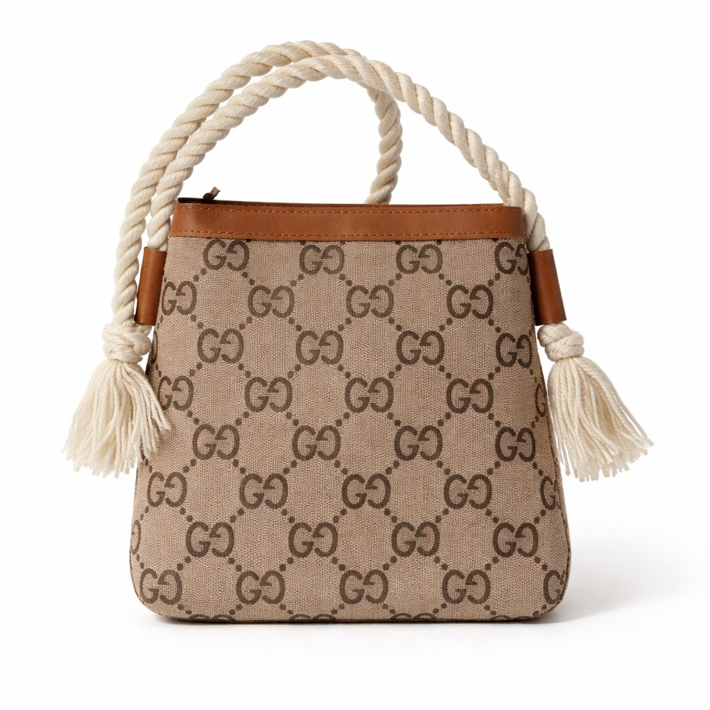Beige and Brown Monogram Rope Handle Tote Bag