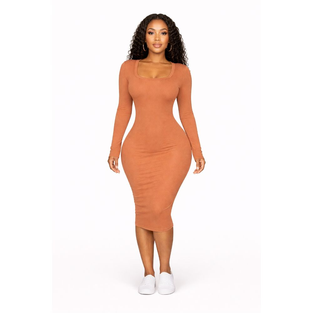 Brown Ribbed Long Sleeve Bodycon Midi Dress