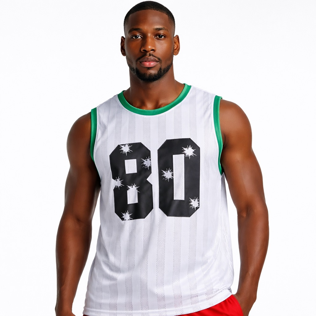 Mens White and Green Sleeveless Sports Mesh Jersey