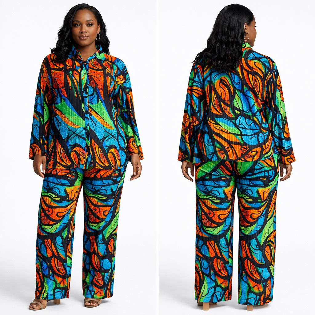 Multicolored Long Sleeve Button Up Top and Wide Leg Pants