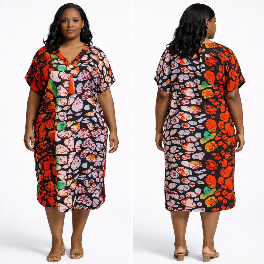 Multicolor Abstract Print Loose Fit Kaftan Gown with Tassel Detail for Women