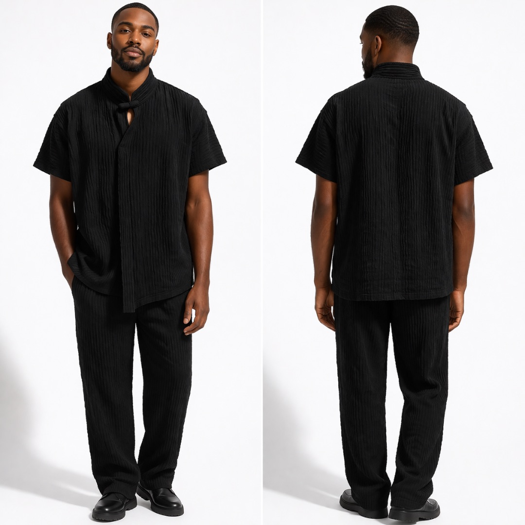 Black Pleated Two Piece Short Sleeve Top and Trousers Set for Men