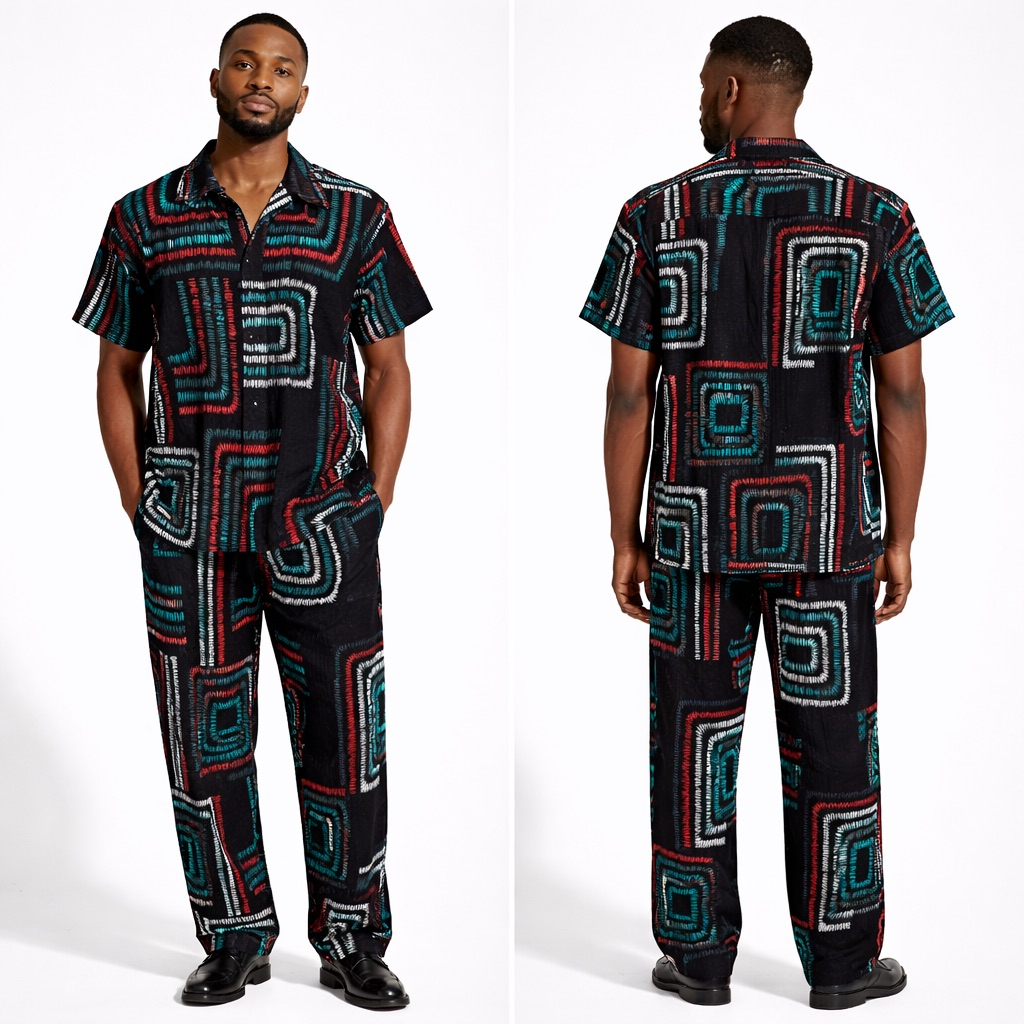 Multicolor Patterned Two Piece Short Sleeve Top and Trousers Set for Men