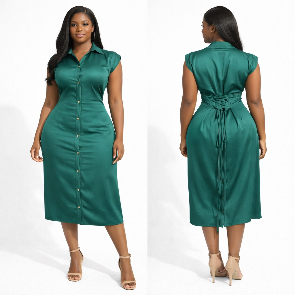 Womens Green Button Down Midi Dress