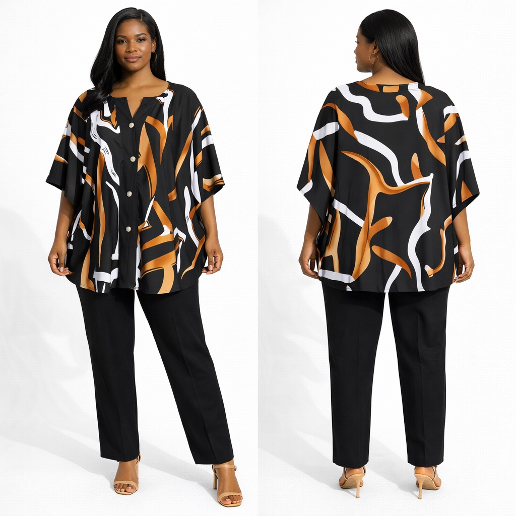 Womens Plus Size Abstract Print Button Front Batwing Top and Straight Leg Pants 2Piece Set