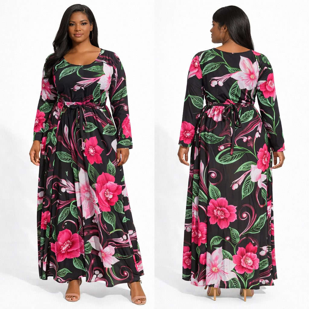 Womens Floral Print Maxi Dress with Waist Tie Belt