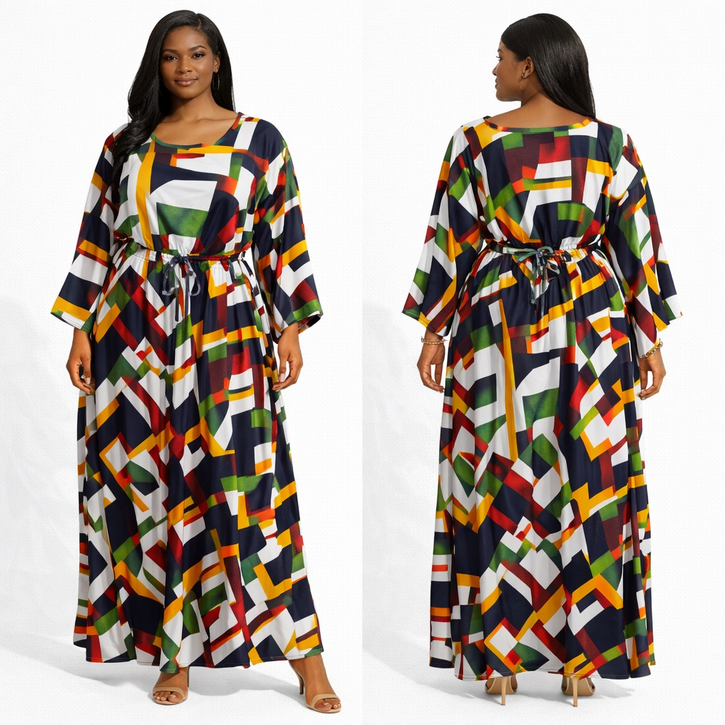 Womens Geometric Print Maxi skirt and Blouse with Adjustable Waist Tie