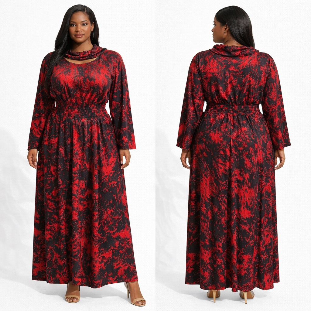 Womens Red and Black Marble Print Maxi Dress with Scarf