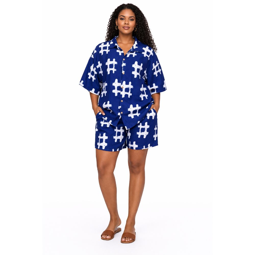 Casual Print Short Sleeve Shirt & Shorts Set Navy Blue