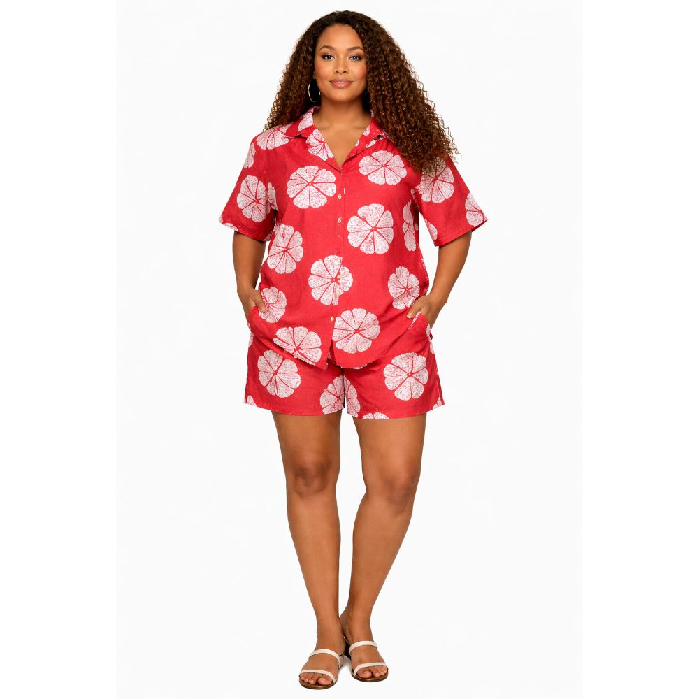 Floral Print Short Sleeve Shirt & Shorts Set  Red