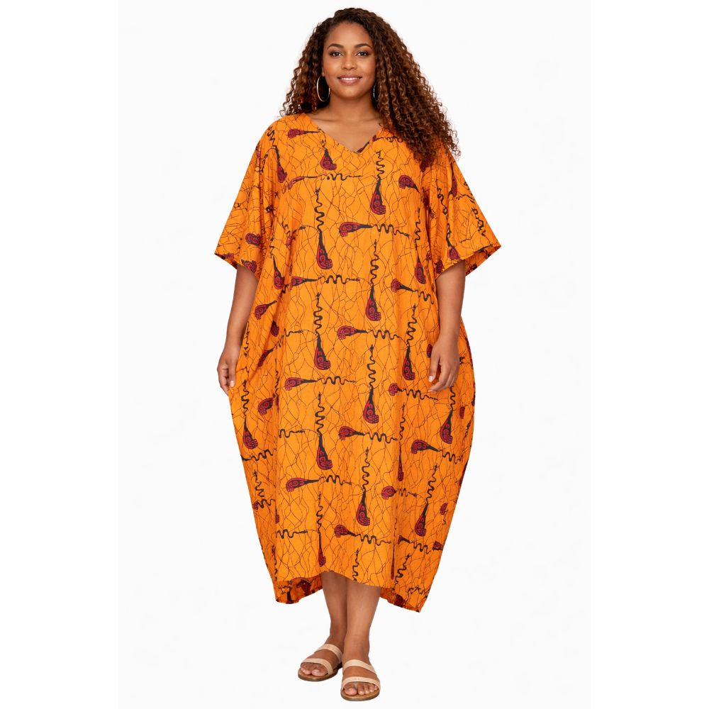 Abstract Ankara Kaftan Maxi Dress  Orange