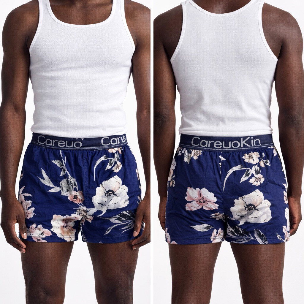 Floral Print Boxer Shorts with Elastic Waistband   Navy Blue