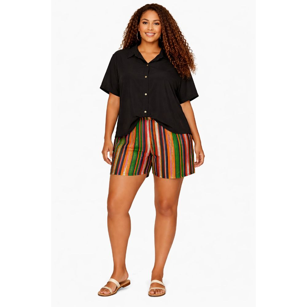 Black Button Up Shirt & Multicolor Striped Shorts Set Casual Chic Two Piece