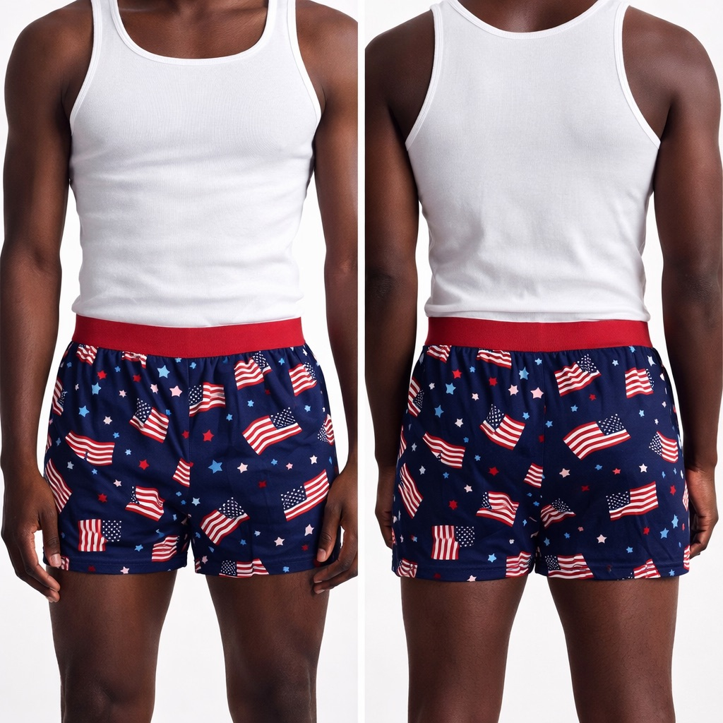 Flag and Star Print Boxer Shorts with Elastic Waistband