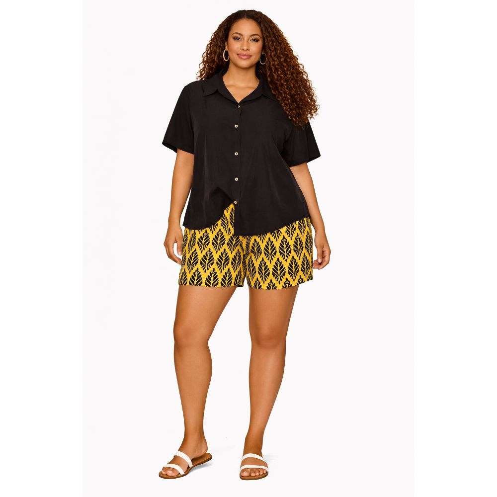 Black Button Up Shirt & Yellow Ankara Leaf Shorts Set Chic Casual Two Piece