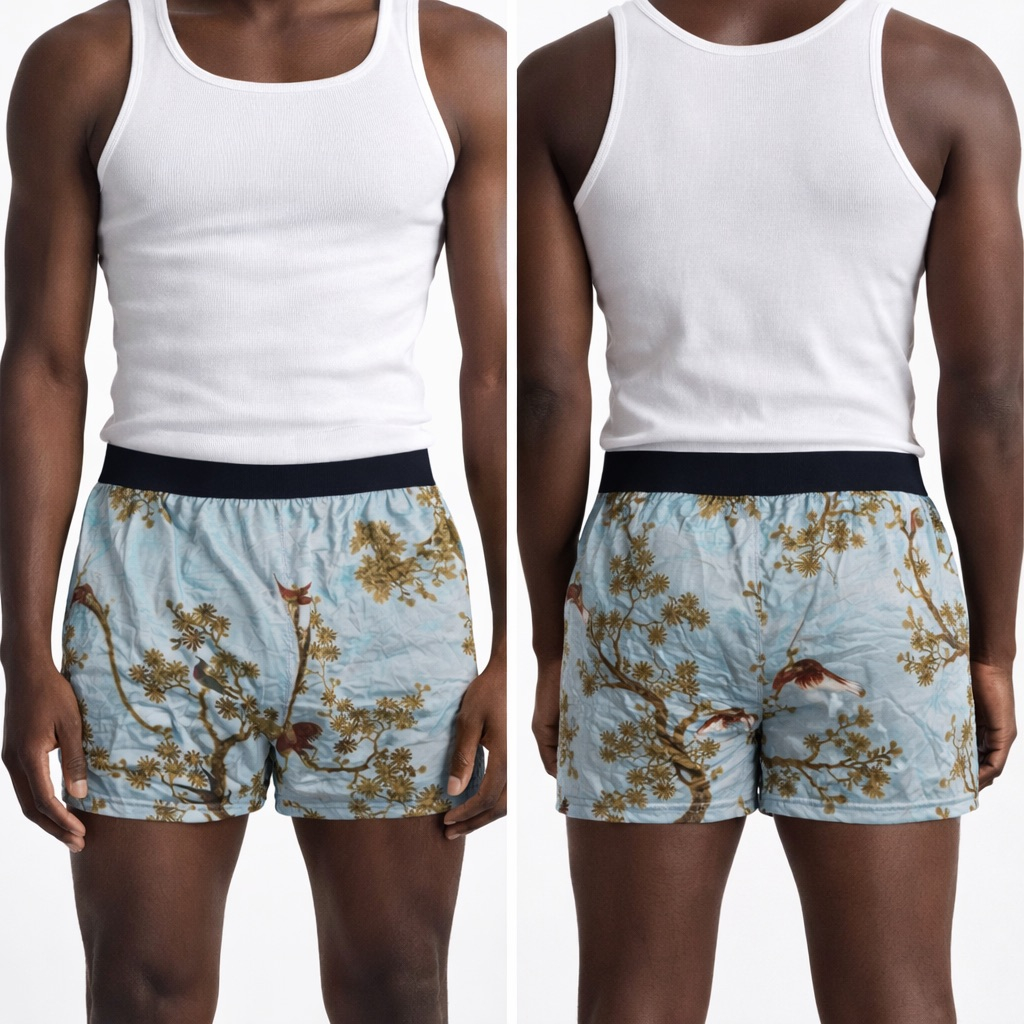 Bird and Nature Print Boxer Shorts with Elastic Waistband   Sky Blue