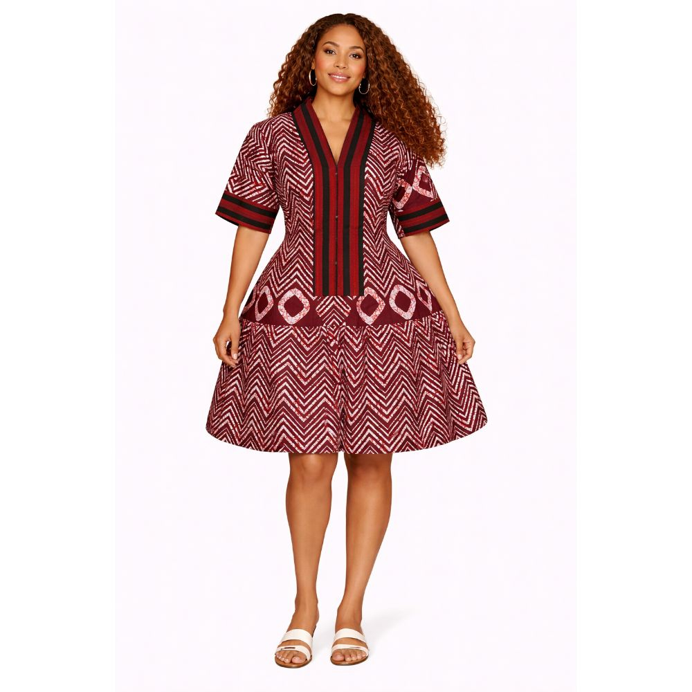 Burgundy Ankara Flared Mini Dress Bold Structured African Print Dress