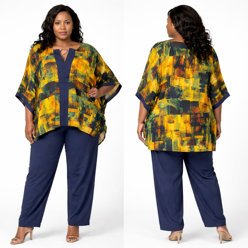 Womens Elegant Abstract Print Loose Top and Plain Trouser Two Piece Set