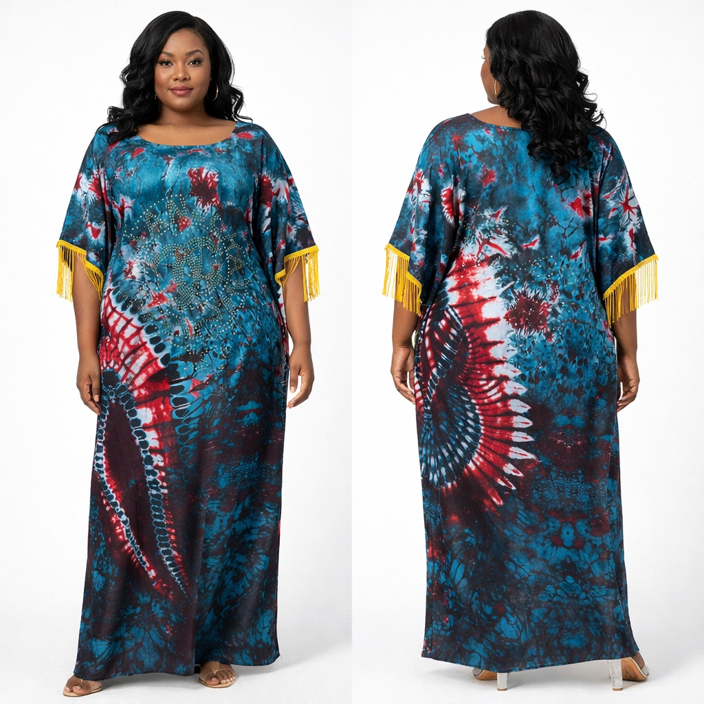 Tie Dye Print Embellished Kaftan Dress with Tassel Sleeves