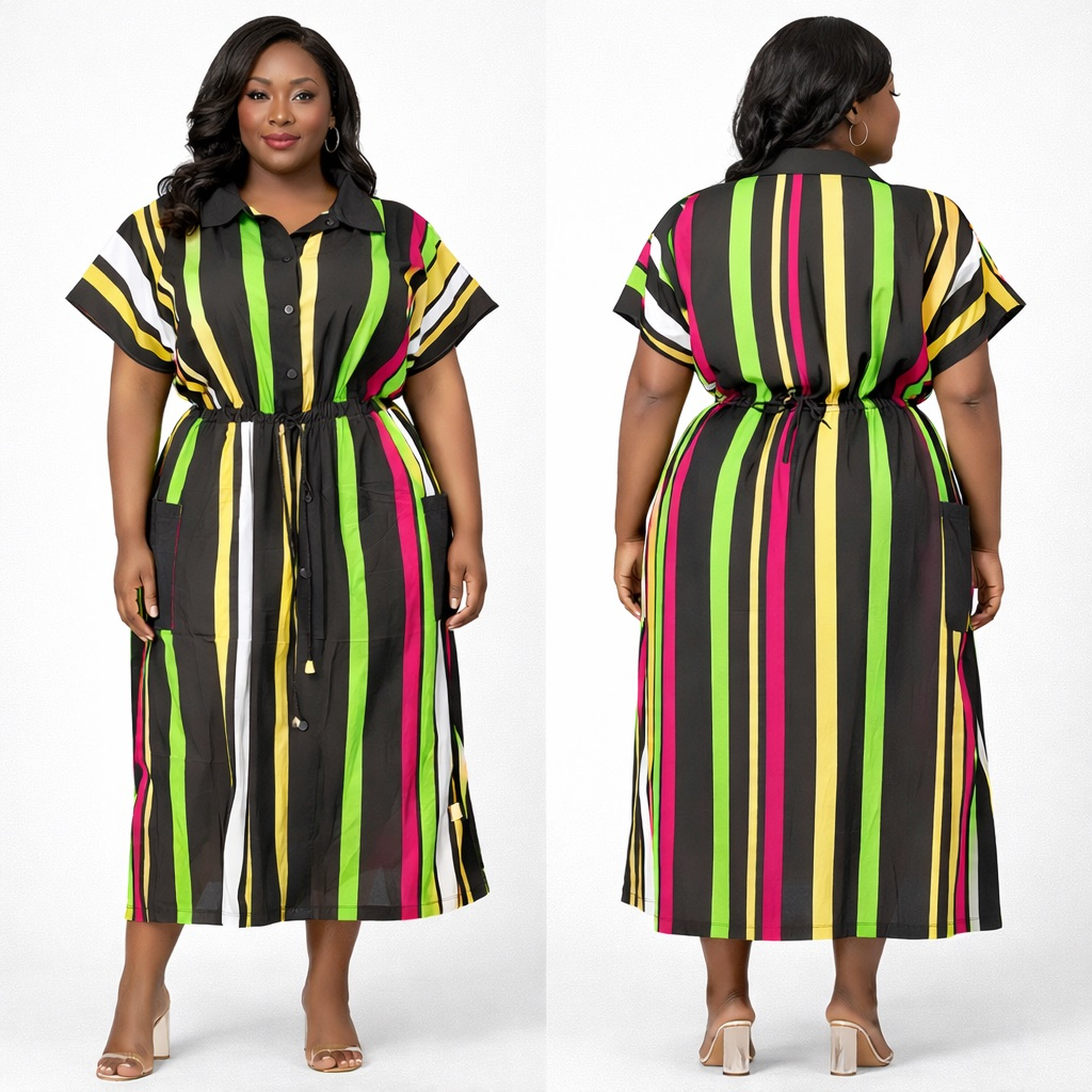 Multicolor Stripe Shirt Dress with Drawstring Waist