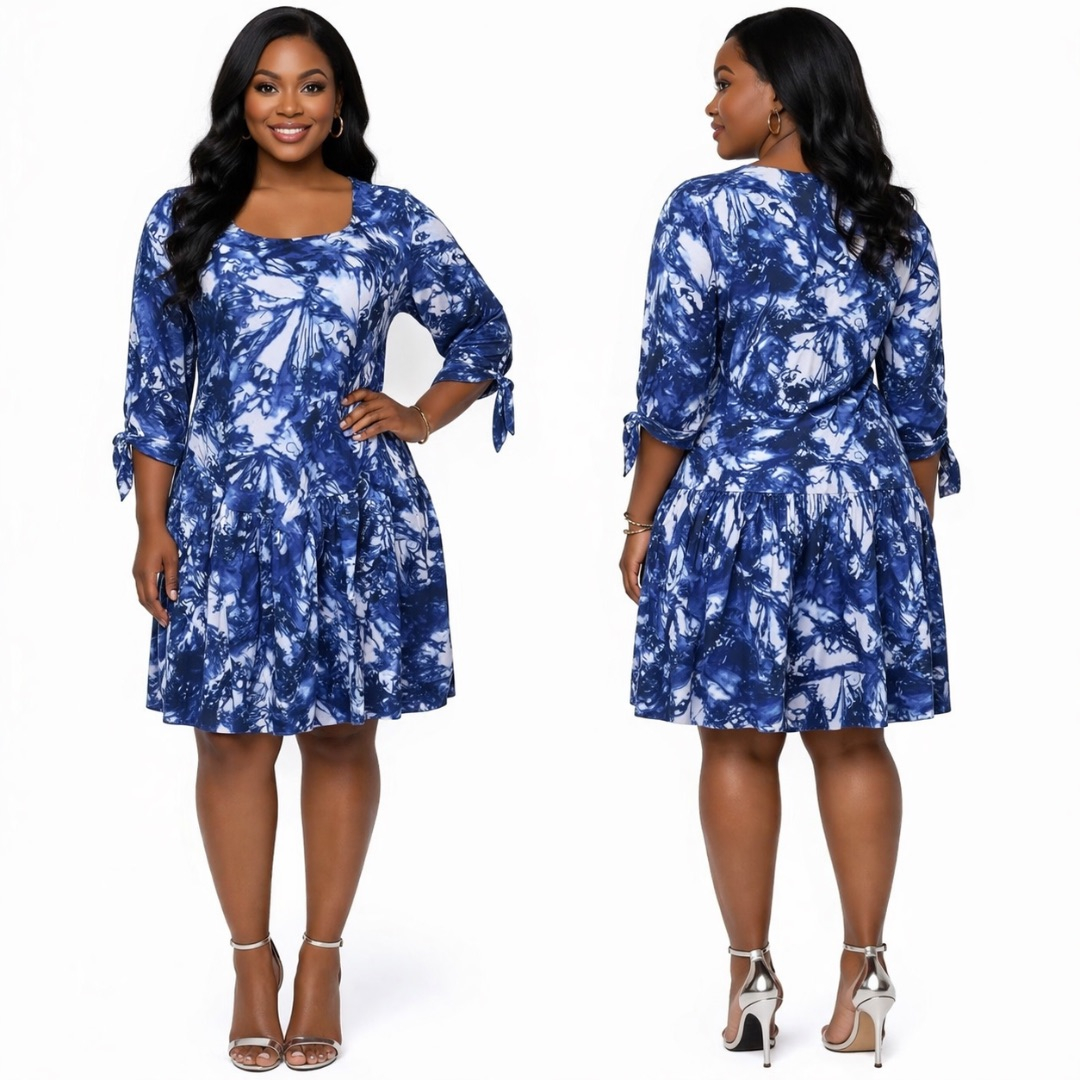 Womens Blue Abstract Print Flared Mini Dress with Short Sleeves