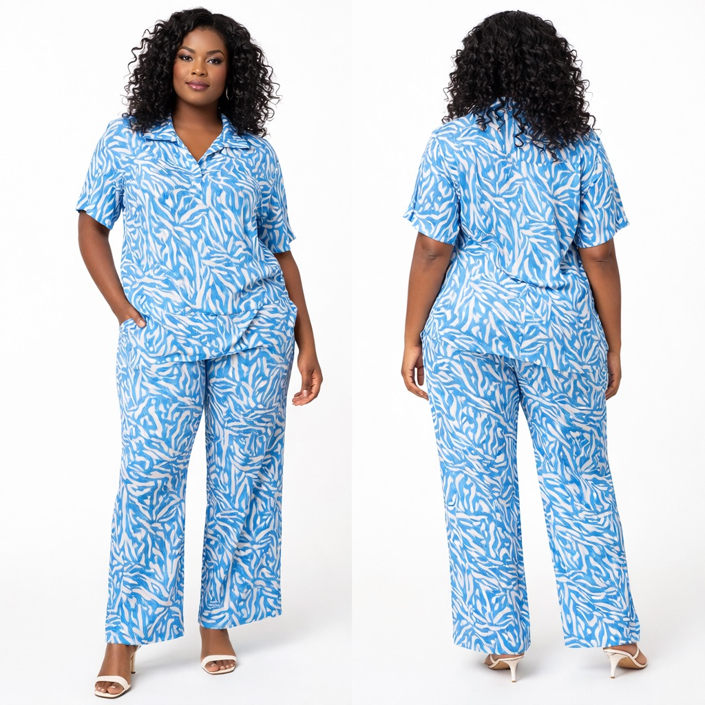 Abstract Blue and White Wave Print Two Piece Set with Collared Top
