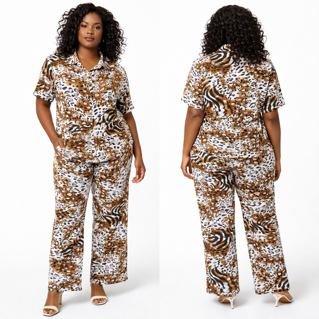 Mixed Animal Print Two Piece Set with Collared Top