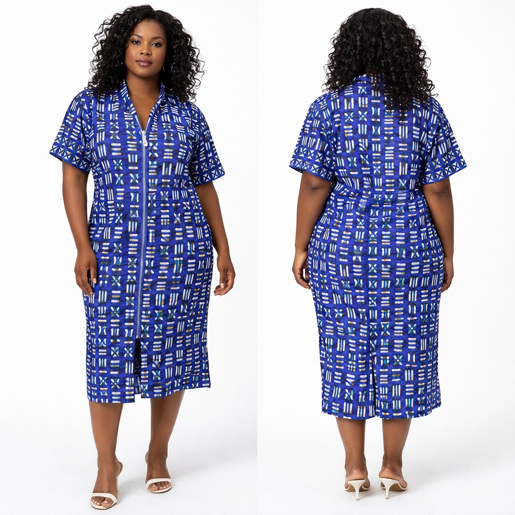 Quality Blue and White Geometric Print Zip Front Kaftan Dress