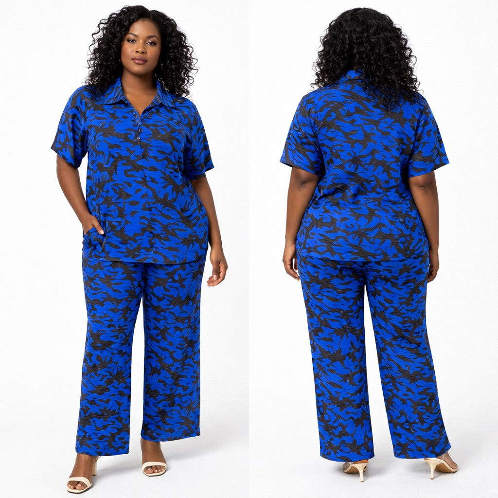 Quality Blue and Black Floral Print Two Piece Set with Collared Top