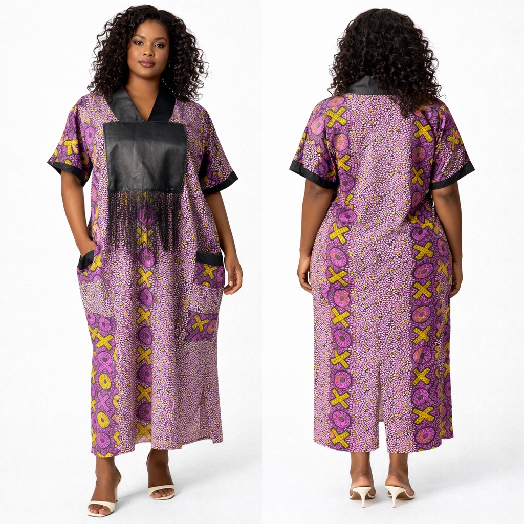Ankara Print Kaftan Dress with Contrast Panel and Pockets