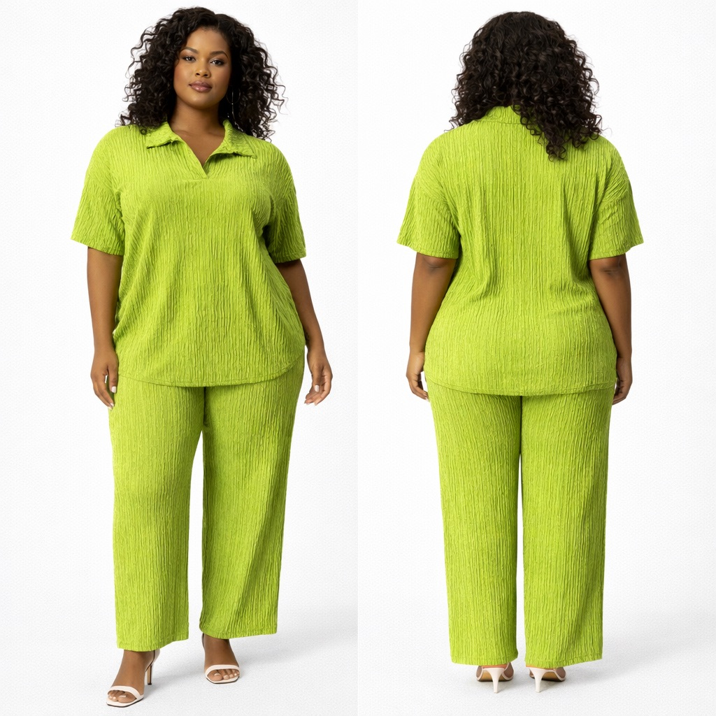 Textured Lime Green  Two Piece Lounge Set with Collared Top