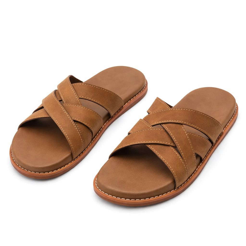 Premium Light Brown Multi Strap  Leather Slide Slippers