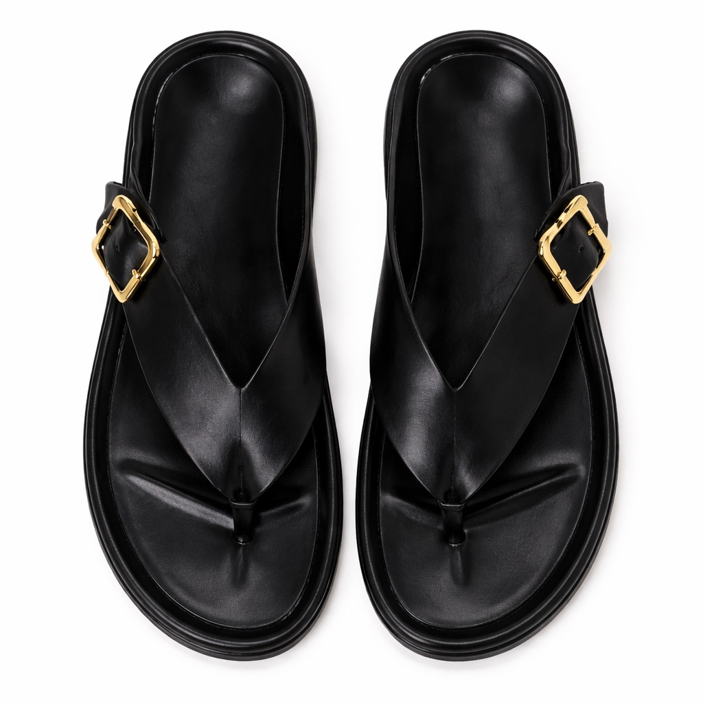 Minimal Leather Toe Post Sandals with Gold Buckle