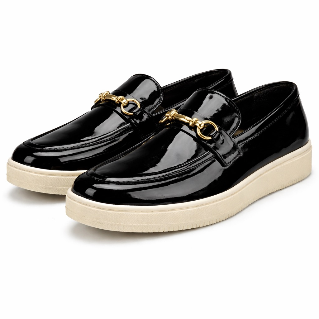 Patent Leather Loafers with Gold Bit and Contrast Sole