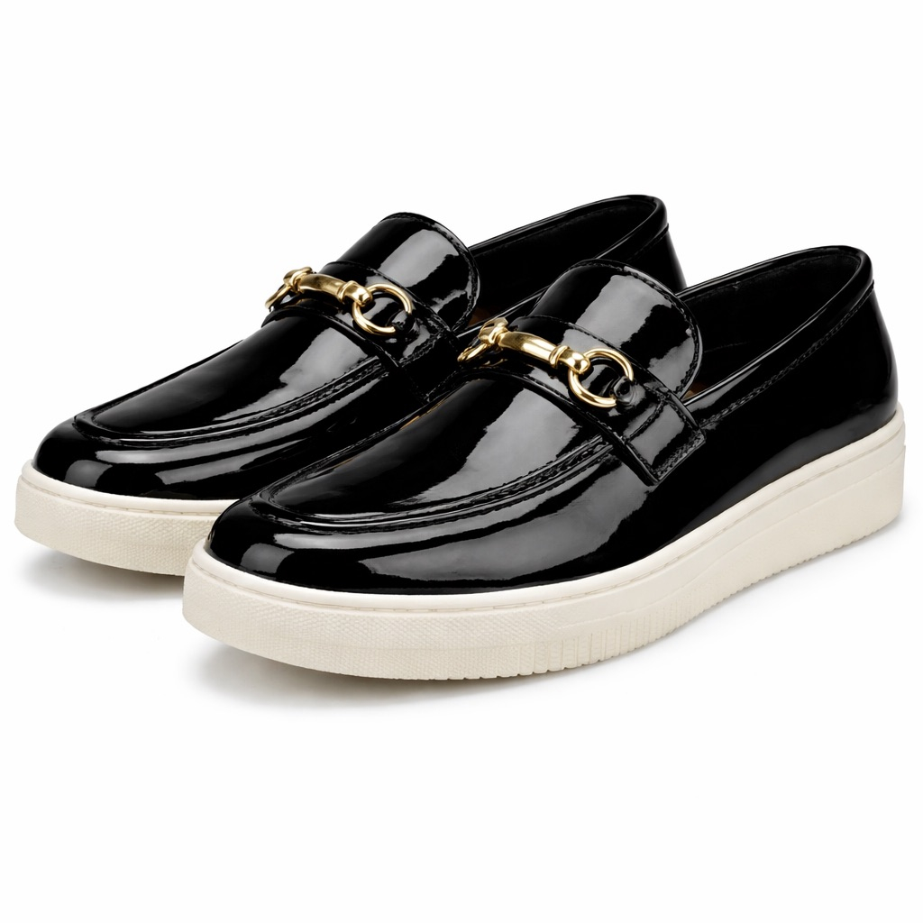 Sleek Patent Leather Loafers with Gold Bit and Contrast Sole
