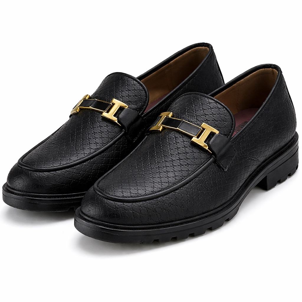 Textured Leather Loafers with Gold Bar Detail