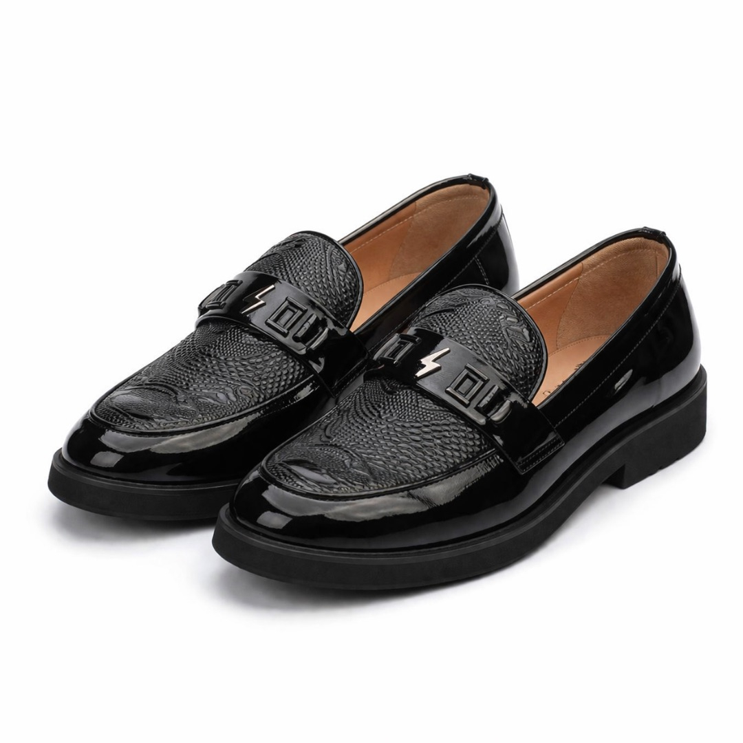 Embossed Leather Loafers with Metal Strap Detail