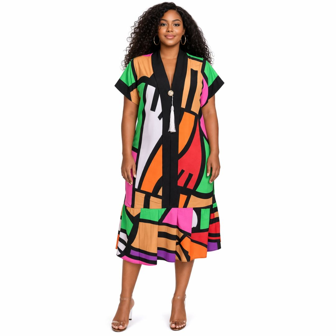 Colorful Kimono Style Robe with Abstract Pattern and Black Lapel