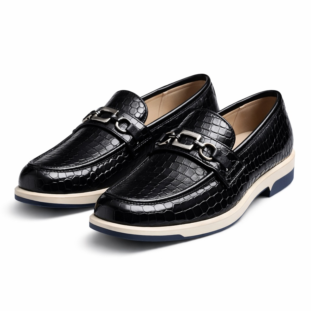 Mens Premium Black Crocodile Texture Loafers
