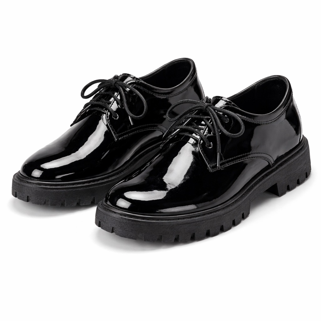 Glossy Patent Leather Lace Up Casual Shoes with Rugged Sole   Black