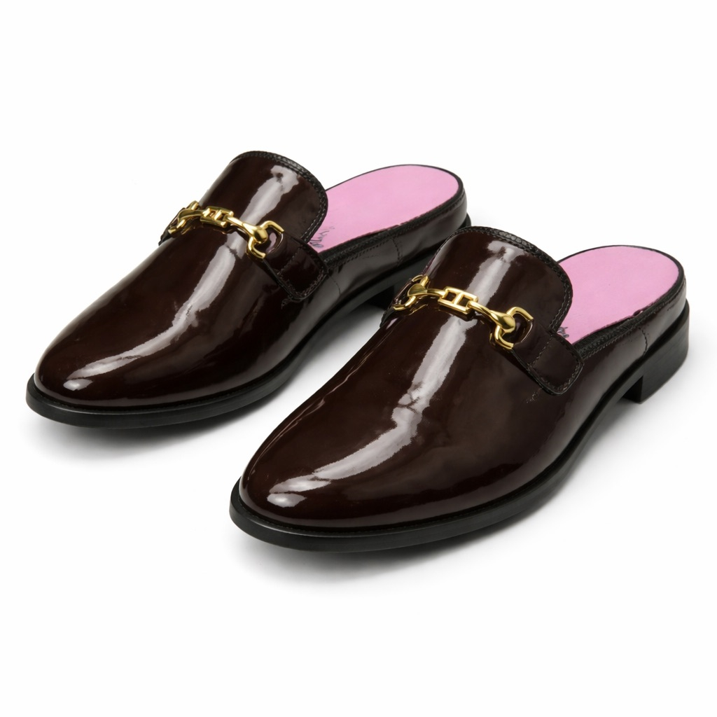 Glossy Patent Leather Horsebit Backless Loafers   Dark Brown