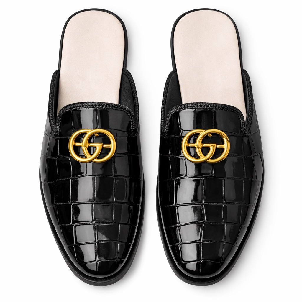 Glossy Croc Embossed Horsebit Backless Loafers    Black