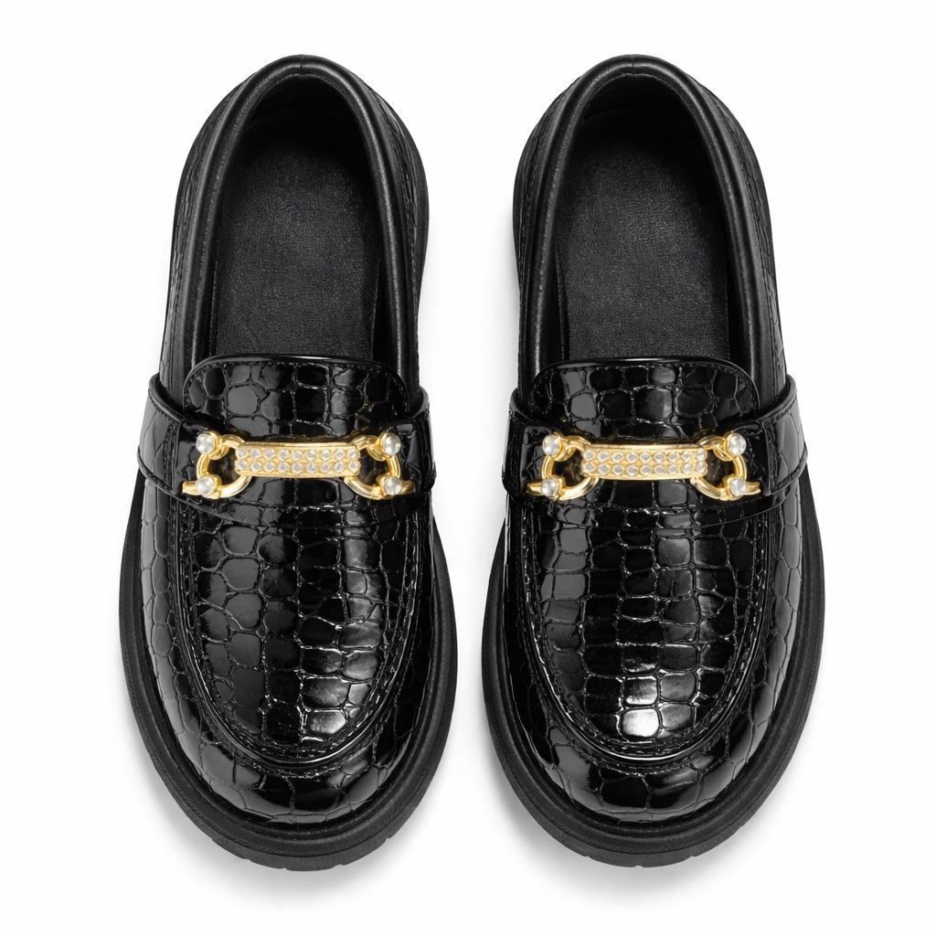 Glossy Croc Embossed Chain Detail Chunky Loafers  Black   For Kids
