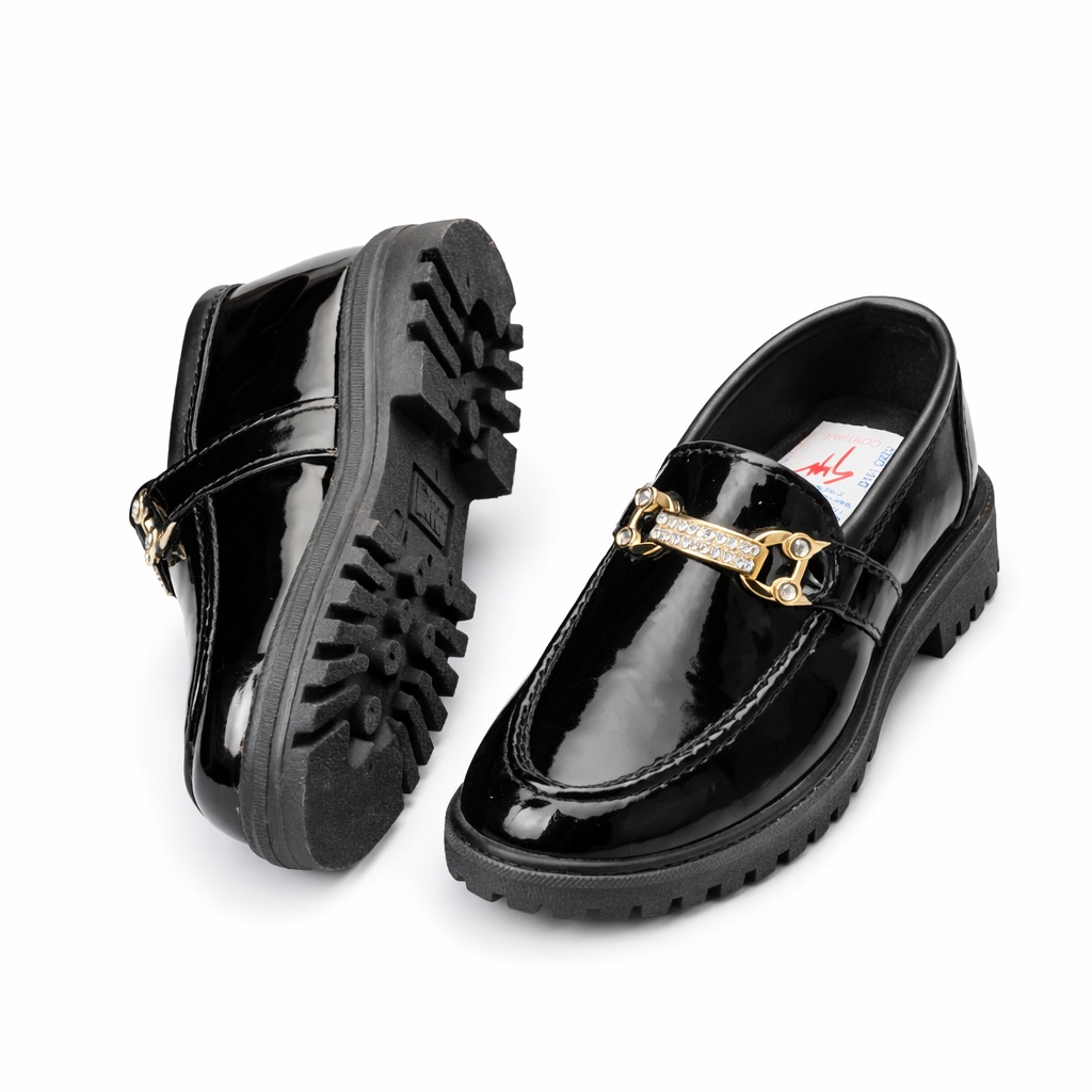 Glossy Patent Leather Chain Detail Loafers  Black   for Kids
